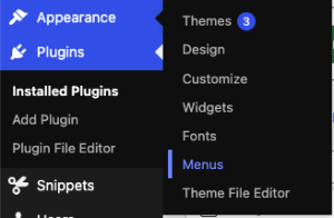 WordPress dashboard showing the Appearance and Menus options
