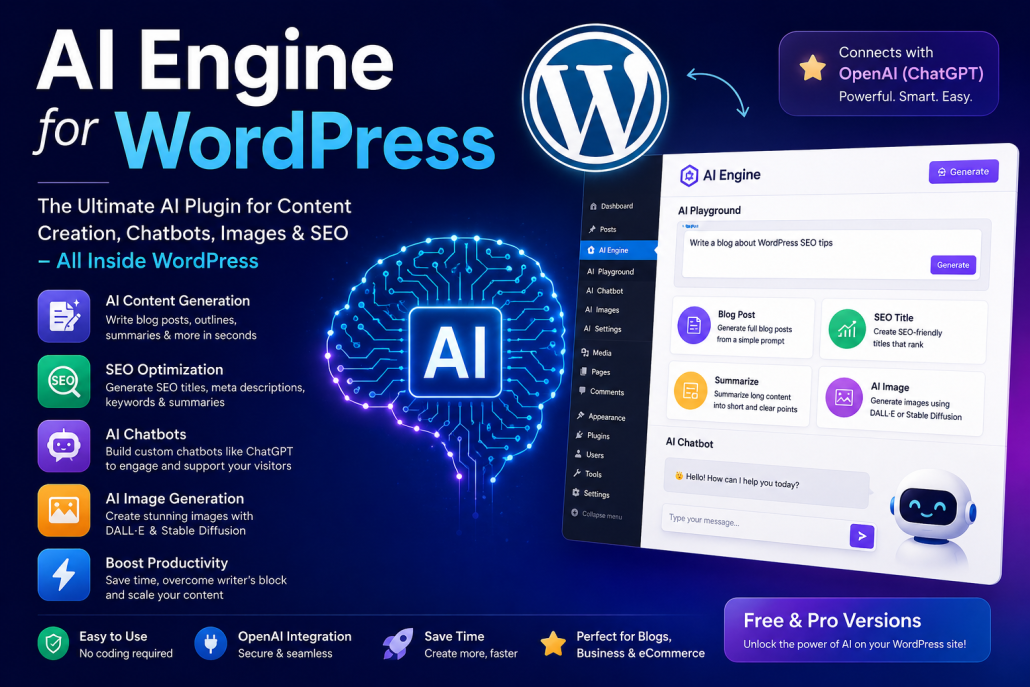 AI Engine WordPress plugin dashboard interface showing AI content generation, AI chatbot, SEO optimization, OpenAI integration, and AI image generation features for WordPress websites.