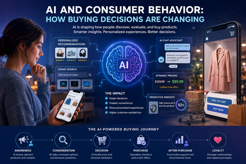 AI and consumer behavior infographic showing personalized recommendations, smart search, AI chatbots, dynamic pricing, predictive shopping insights, and the customer buying journey.