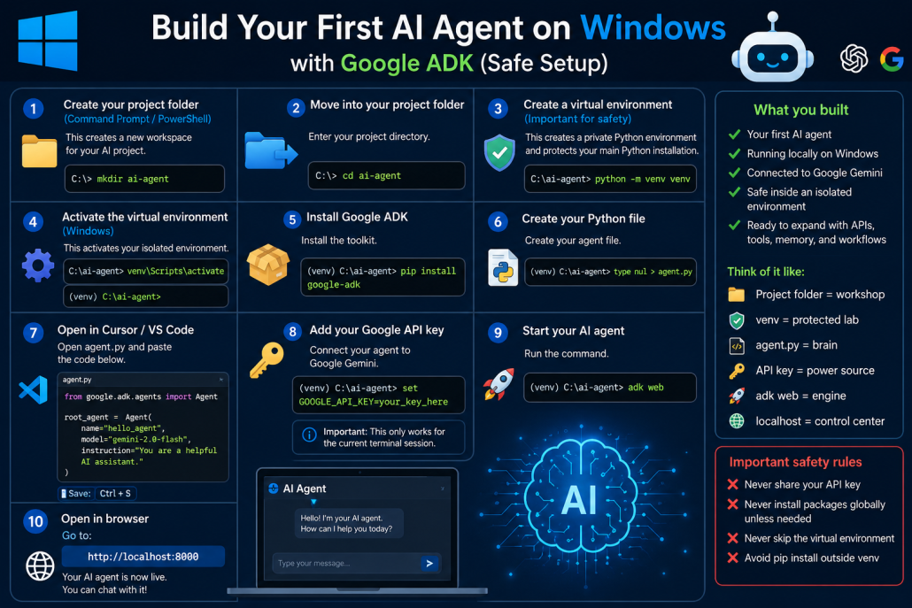 Step-by-step infographic showing how to build your first AI agent on Windows using Google ADK, including virtual environment setup, Python file creation, API key integration, and launching the agent locally.