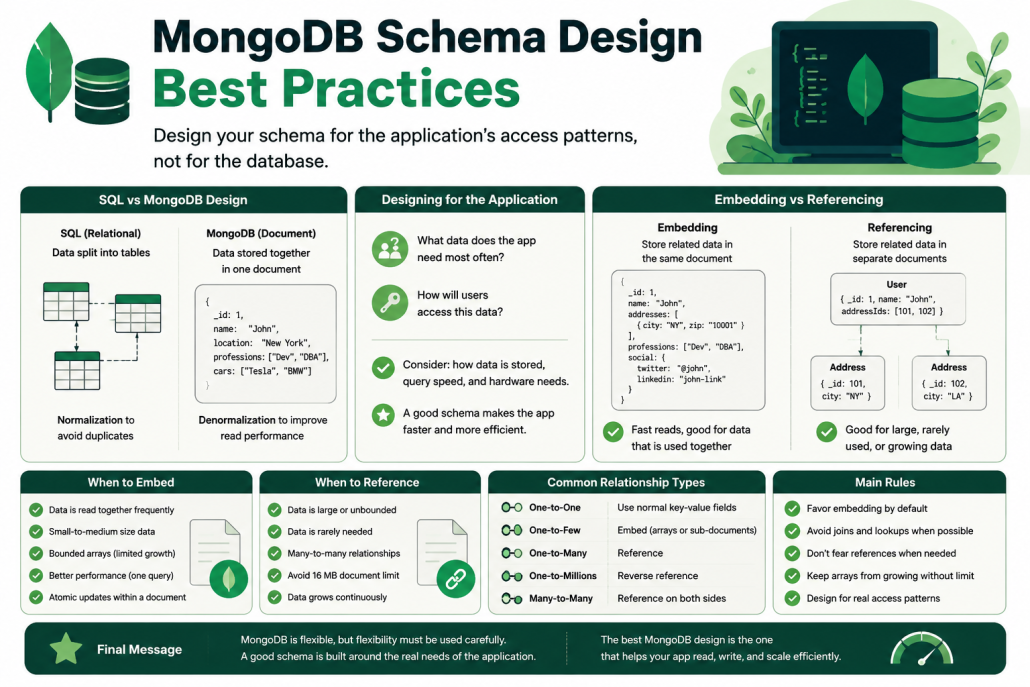 Visual guide explaining MongoDB schema design best practices, including SQL vs MongoDB structure, embedding vs referencing, and common data modeling patterns.