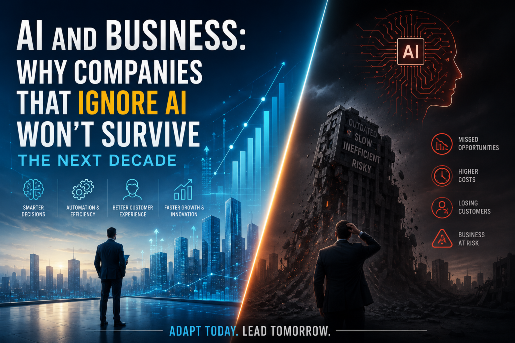 Business leader standing between two futures: an AI-powered growing city and a collapsing outdated business world, symbolizing the importance of AI adoption.