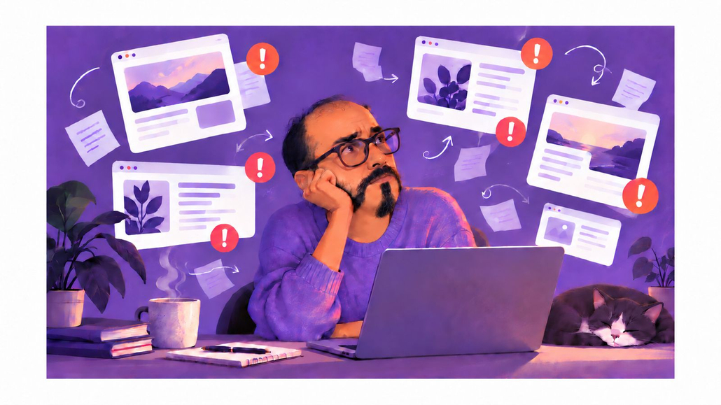 Illustration of Kia at a laptop, surrounded by website pages and error notifications, reflecting the frustration of repeated AdSense rejections.