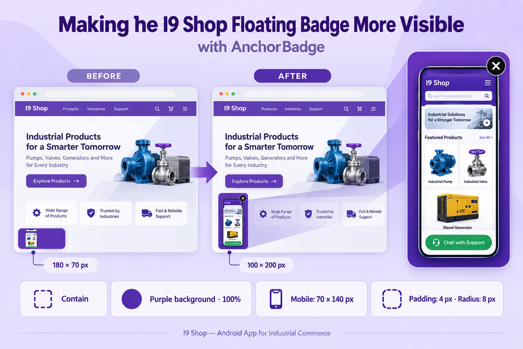 Before-and-after illustration of the I9 Shop floating badge changing from a wide 180 × 70 px container to a taller 100 × 200 px purple container.